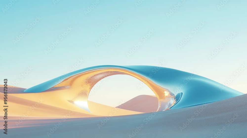Aufkleber surreal desert landscape featuring abstract sand dunes and metallic arches against a clear blue sky 