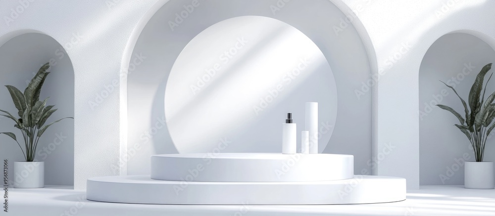 Aufkleber 3D White Podium Background for Product Display and Promotion Featuring a Cosmetic Product Showcase 3D Rendering for Enhanced Presentation Mock up Design to Highlight Products