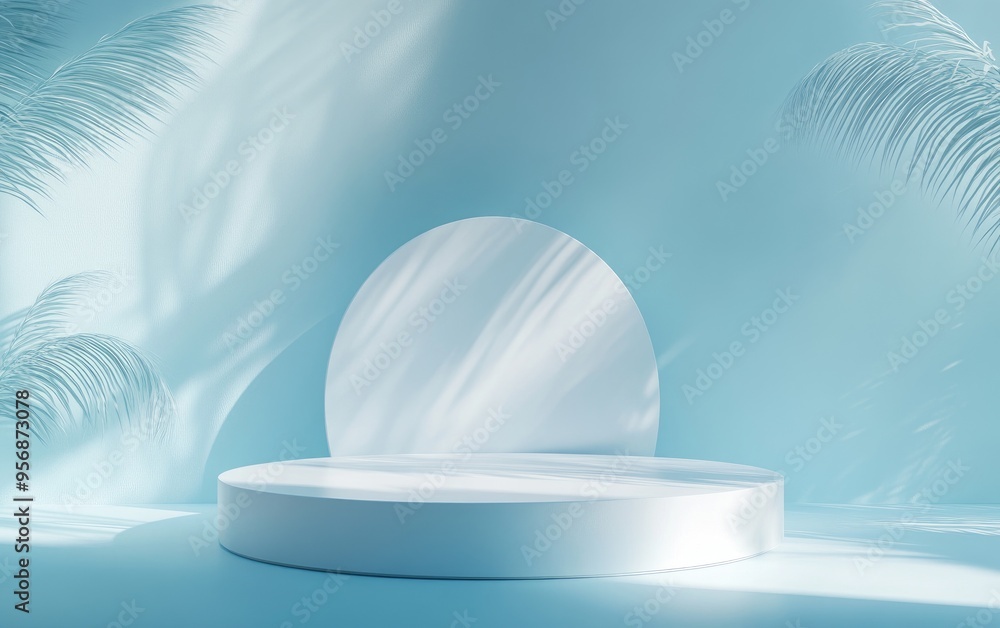 Poster Minimal product display stand casting a shadow Mock up podium in an abstract composition of white and blue pastel 3D rendering 3D illustration