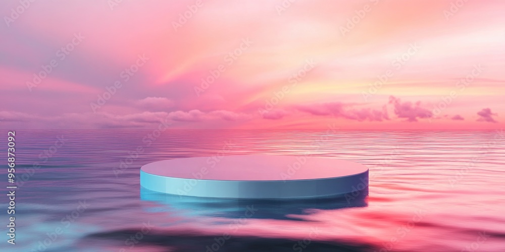 Aufkleber Podium floating on water with a colorful background for advertising display 3D rendering