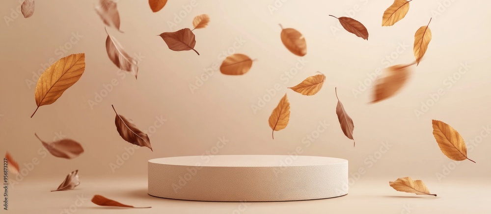 Poster Beige podium in a 3D rendering with a beige background and falling leaves