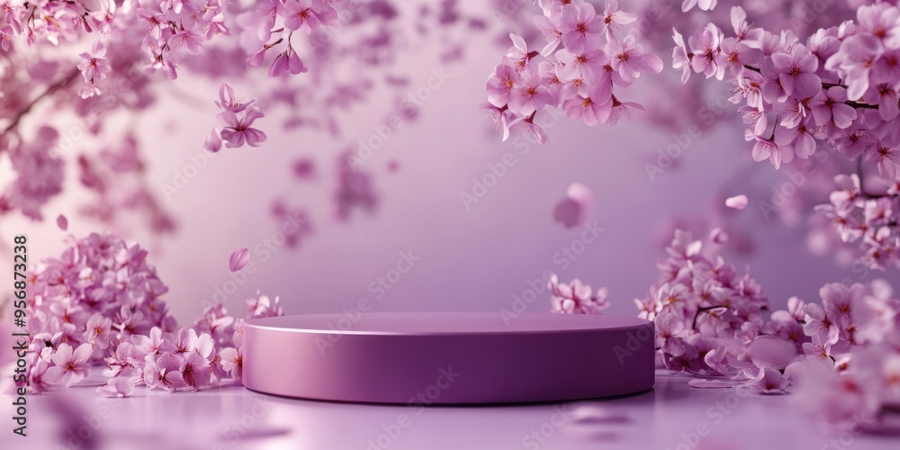 Aufkleber violet podium displayed against a backdrop of cherry blossom flowers ideal for product placement 3d 