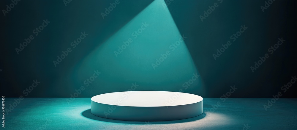 Poster Minimal 3D Render of a White Cylinder Podium on an Abstract Dark Teal Background with Triangular Light Highlighting the Product