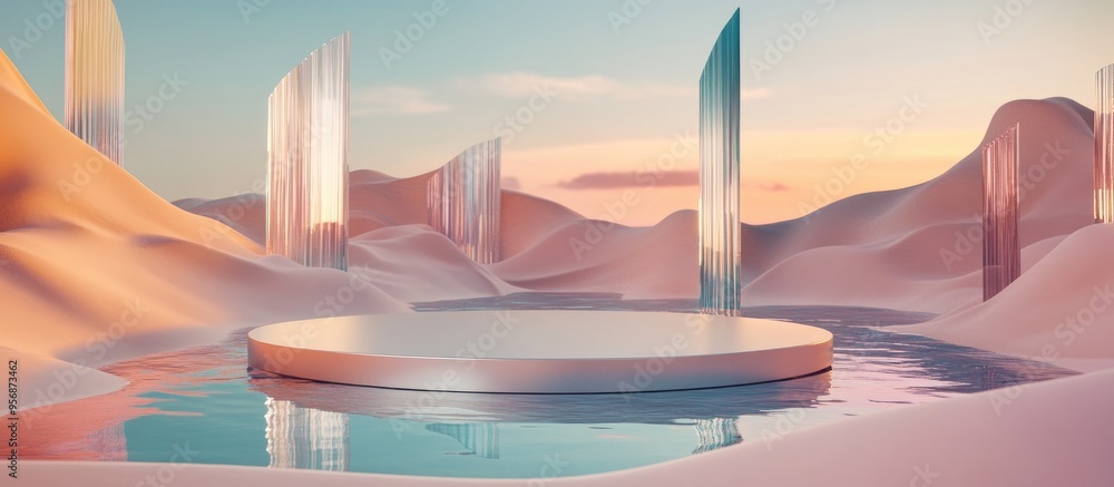 Poster Surreal landscape rendered in 3D featuring a circular podium surrounded by water and vibrant sand The backdrop includes abstract glass and mirror shapes and objects creating a futuristic fantasy sc