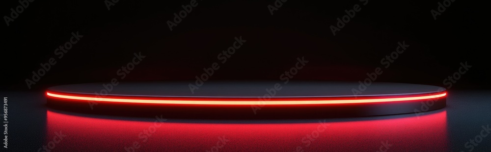 Aufkleber black podium with red light emission on a dark background for advertising display 3d rendering