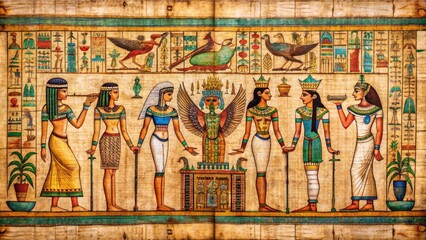 Ancient Egyptian papyrus scroll with intricate hieroglyphics and colorful illustrations of gods, pharaohs, and mythological creatures, with subtle texture and worn edges.