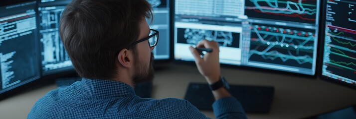 An analyst is working with a pen on various monitors, interpreting data with many colorful graphs and screens around.