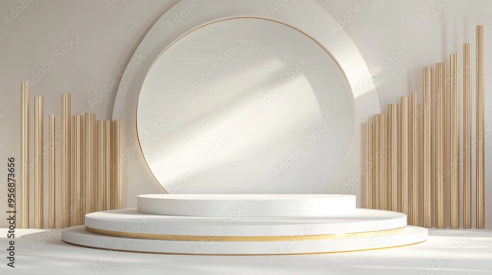 Poster minimalistic abstract backdrop for showcasing products white pedestal with golden edges 3d rendered 