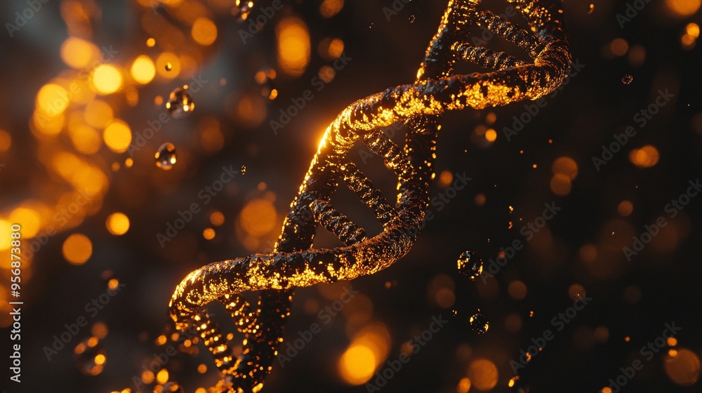 Aufkleber a 3d rendering of a golden dna helix with a bokeh background.