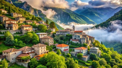 Obraz premium Ancient stone-built village nestled in lush green mountainside, traditional architecture and red-tiled roofs, surrounded by dense forest and serene misty valleys of Epirus region.