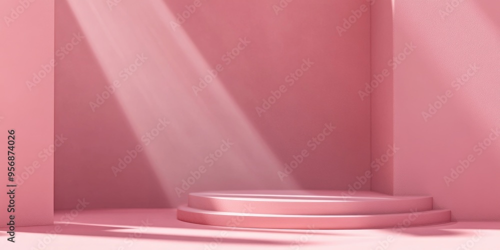 Poster empty podium with geometric shapes in a pink pastel composition for a contemporary stage display and
