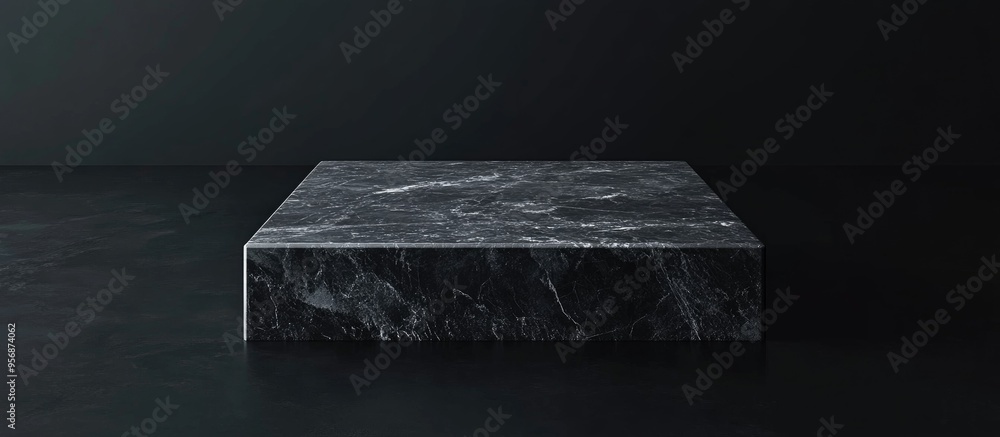 Poster Minimalistic black background featuring a blank square marble stone podium as an abstract 3D geometric object ideal for product showcasing and 3D rendering