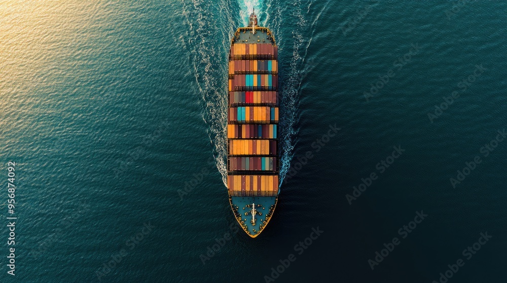 Poster drone shot of a large cargo ship loaded with containers, moving across the open ocean, symbolizing g