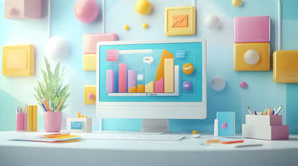 Marketing specialist sharing strategies in a glossy abstract virtual meeting concept as Camera movement Pan across the screen showing a marketing specialist presenting strategies with a glossy abstrac