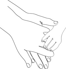 Single continuous line drawing baby hand. Closeup of baby hand into parents hands. Family concept. Tiny Newborn Baby's and parent hands.