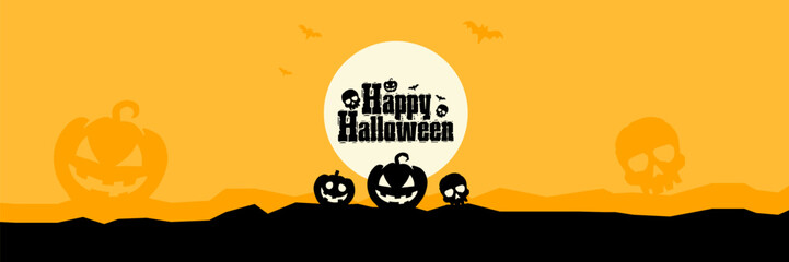 Halloween banner. Pumpkin and skull. Halloween lettering.