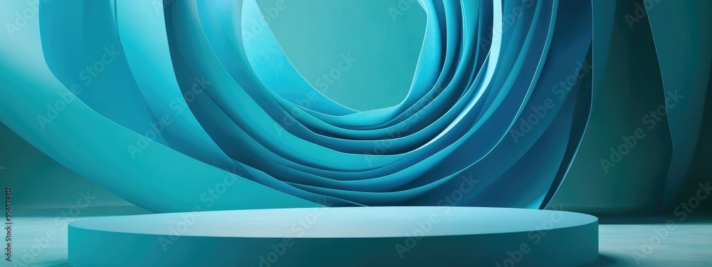 Aufkleber pedestal podium featuring a blue paper swirl against a green studio backdrop ideal for showcasing pr