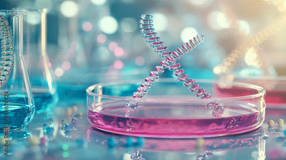 Aufkleber a 3d rendering of a dna helix in a petri dish with a laboratory setting in the background.