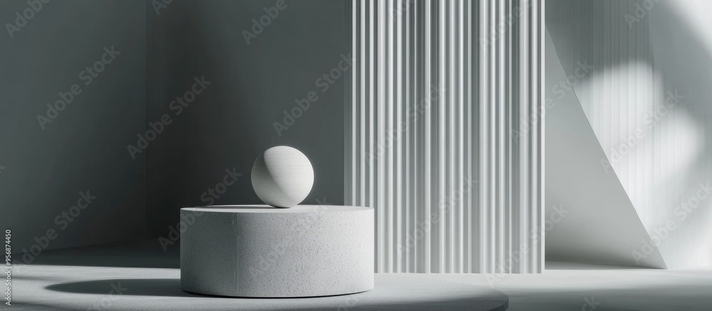 Poster Minimalistic 3D gray and white cylindrical podium with an abstract geometric shape in a studio setting