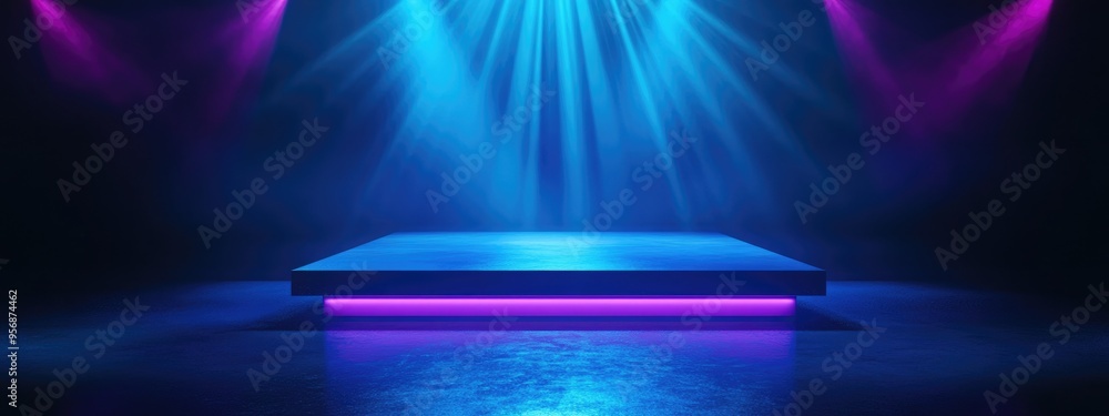 Poster Empty podium Disco backdrop View of rays Magical event display Sporty aesthetic Illuminated area Square platform Vibrant stage Exhibition venue Central demo area 3D rendering Shine check scene Bri