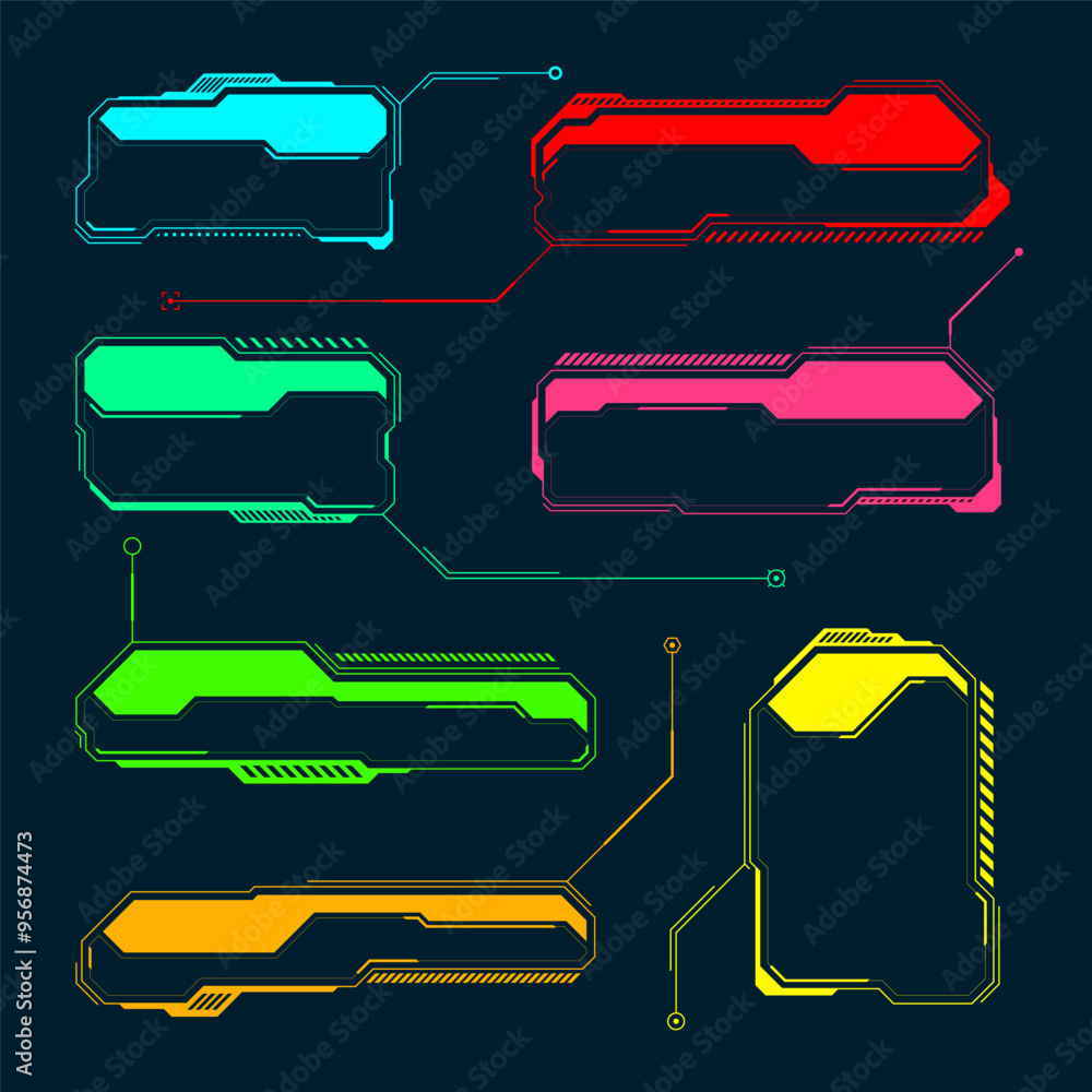 Poster futuristic hud or ui elements. sci-fi user interface text boxes, callouts. colorful warning message 