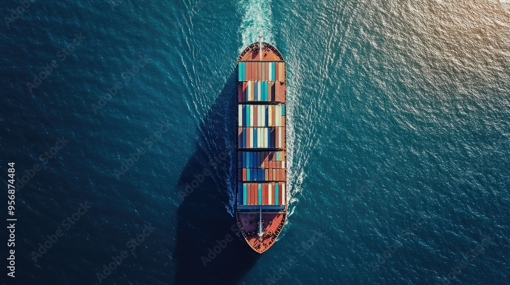 Poster drone shot of a large cargo ship loaded with containers, moving across the open ocean, symbolizing g
