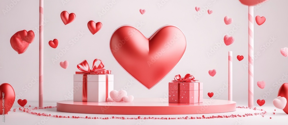 Poster valentine s day podium setup featuring a heart shaped 3d design and a gift box for product display 3