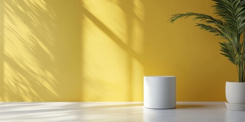Empty white cylinder on a yellow summer backdrop minimalist spring summer concept set against a white and gray floor showcasing a cosmetic product in a display setting 3D render illustration