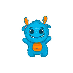 Cute cartoon monster on white background. Blue Monster Icon. Happy Alien. Doodle Funny monster with horns.