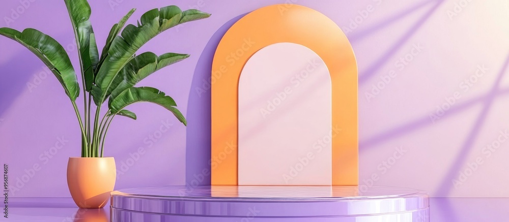 Poster peach fuzz is the trend color for 2024 featuring an abstract podium with a door sunshade and tropica