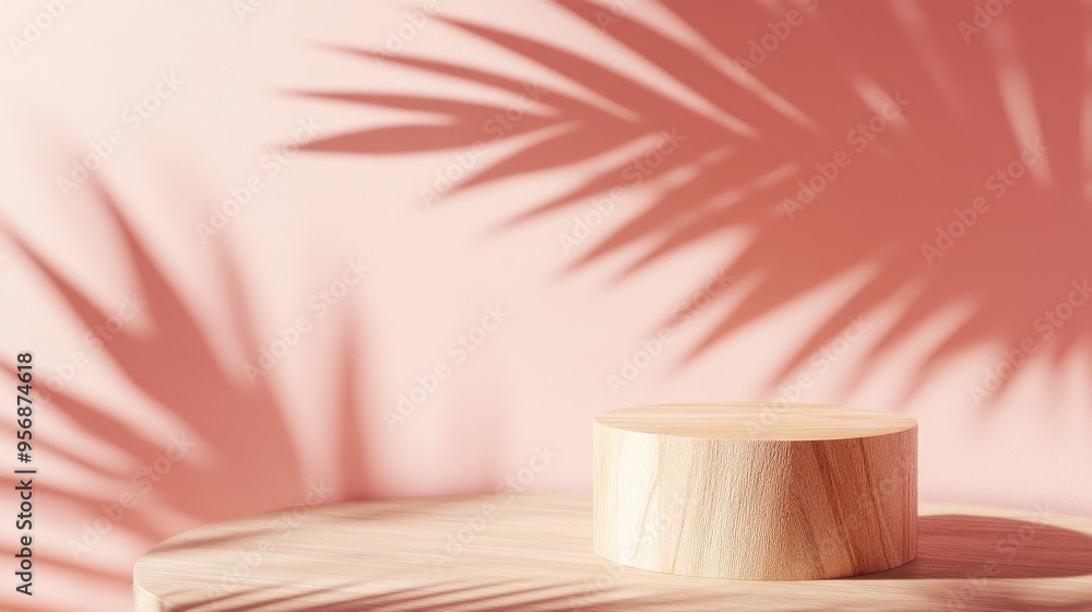 Aufkleber Pastel light red and salmon pink minimal 3D render with a simple natural product display featuring a wooden podium and a palm leaf shadow in the background