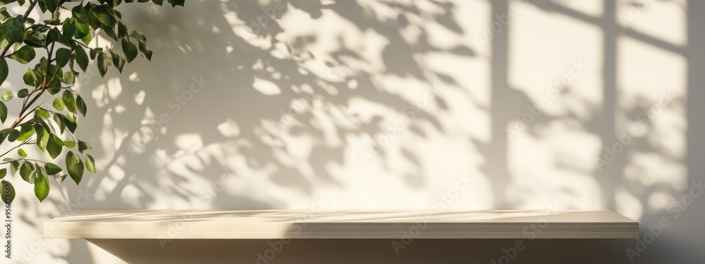 Poster contemporary display stand featuring sunlight and leaf shadows in 3d rendering