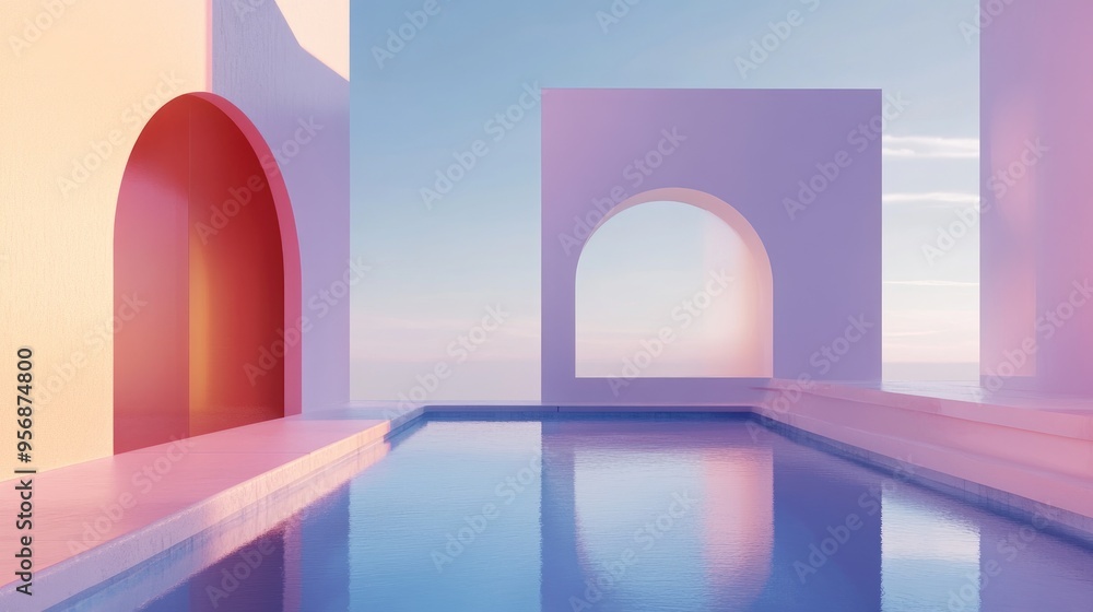 Poster abstract composition featuring geometric shapes an arch and a swimming pool illuminated by natural d