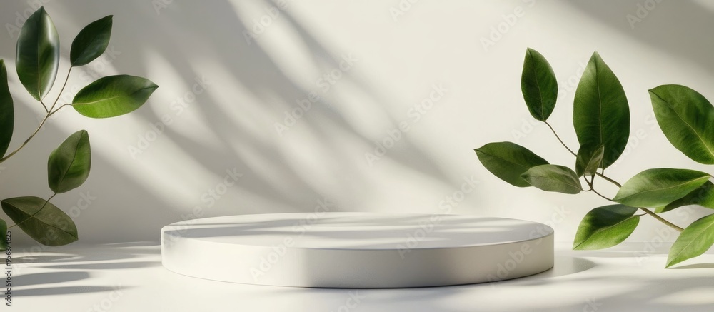 Poster Display podium stand featuring natural leaves casting a shadow on a white background 3D rendering