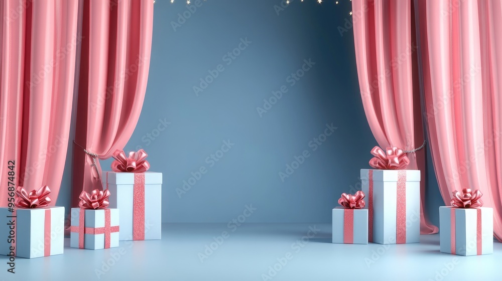 Poster Empty stage with gifts on a blue background 3D rendering Digital computer artwork