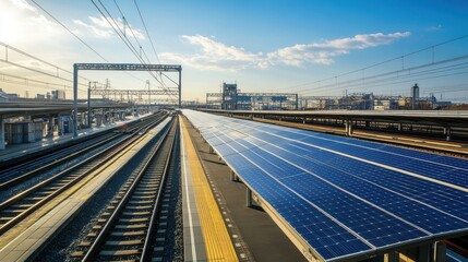 Fototapeta premium A solar panel installation beside railway tracks, showcasing renewable energy in urban transportation environments under a clear sky.