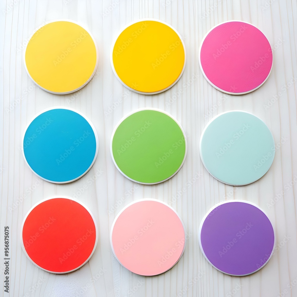 Poster nine colorful round labels with white borders. perfect for adding a pop of color to your design proj