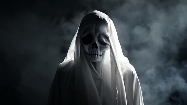 spooky ghost skull face white clothes mist smoke halloween horror fantasy dramatic lighting video