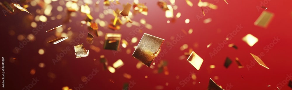 Poster Abstract golden confetti on a red background in 3D rendering