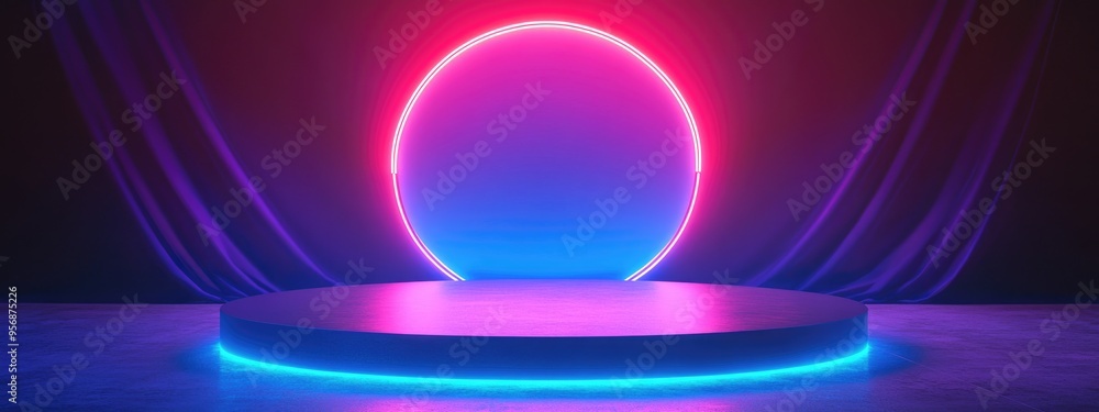 Poster Empty podium Disco backdrop View of rays Magical event display Sporty aesthetic Illuminated area Square platform Vibrant stage Exhibition venue Central demo area 3D rendering Shine check scene Bri