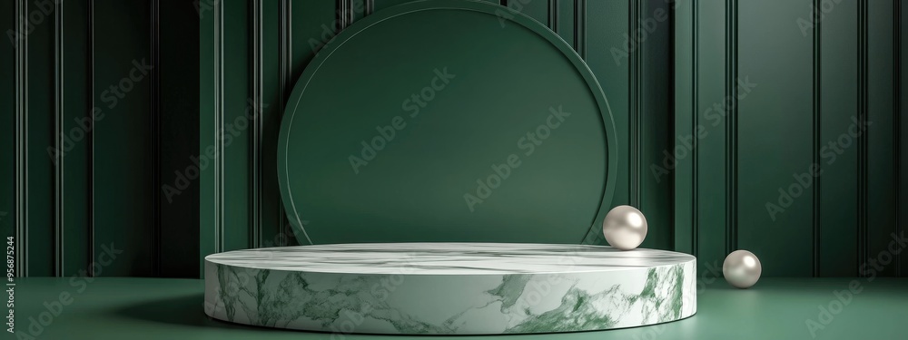 Poster Minimal abstract geometric pattern with a sophisticated design on a green background featuring a shiny marble podium ideal for product and cosmetic showcases marketing stage branding and product p