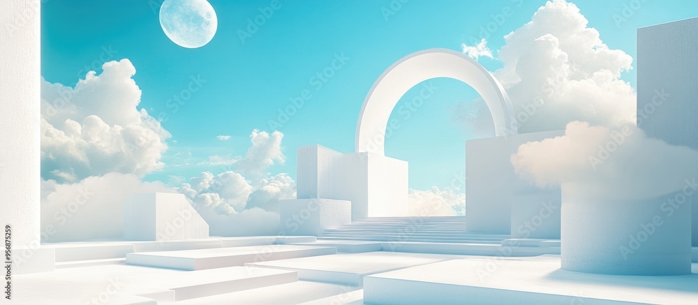 Poster Surreal 3D render featuring minimal white architecture geometric shapes and an abstract design showcasing a futuristic scene with panoramic elements blue sky and clouds including ample copy space