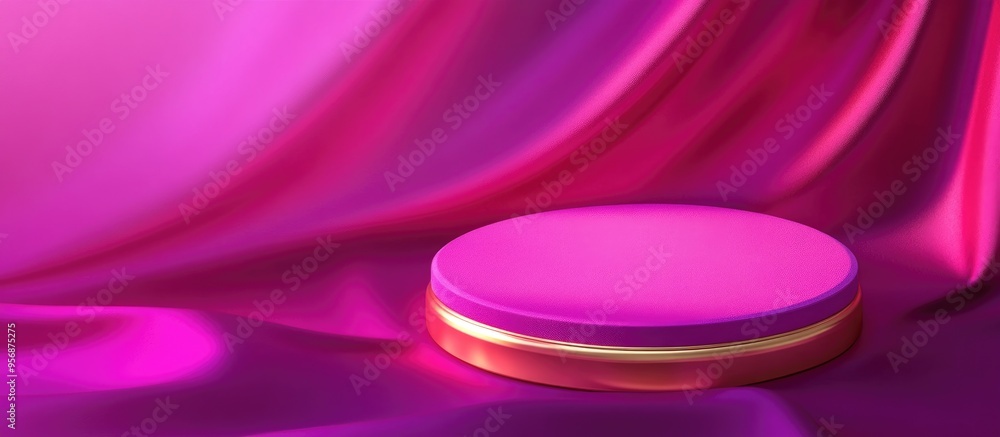 Poster vibrant magenta and neon pink 3d rendered luxury product display podium on textured fabric with gold