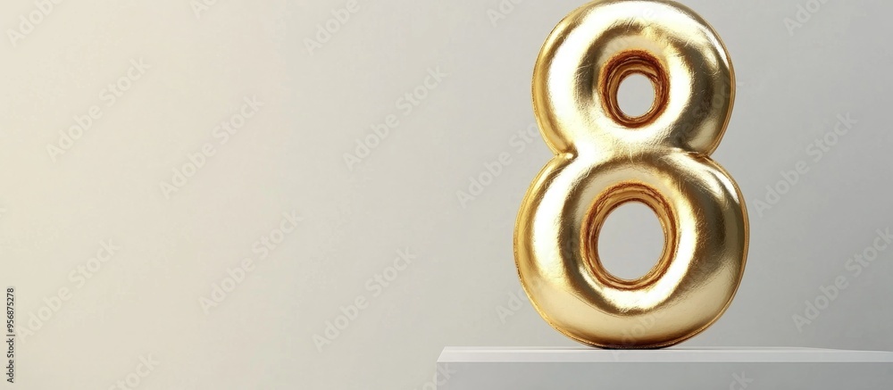 Aufkleber gold number 8 on a podium against a white background 3d rendering