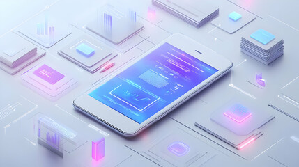 Fototapeta premium Mobile phone and tablet with holographic brainstorming app and flexible workspace text concept as Camera movement Pan across the mobile phone and tablet screens with a holographic brainstorming app. S