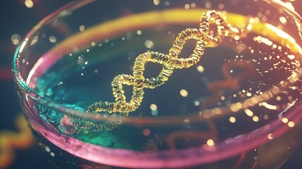 A double helix DNA strand submerged in a cocktail glass filled with a colorful liquid.