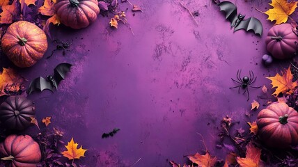 Halloween background with a pumkins, bats, spiders and autumn leaves in a purple colors with copy space