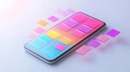 Mobile phone with holographic task scheduler and flexible workspace text concept as Camera movement Zoom into the mobile phone screen with a holographic task scheduler. Scene Organized and sleek works