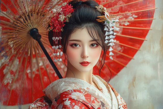 A vintage Japanese art poster showcasing a geisha in traditional attire, with ornate patterns. Generative AI