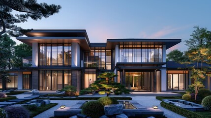 Fototapeta premium A symmetrical modern villa with garden in front, the entire scene captured in the tranquil light of early evening.